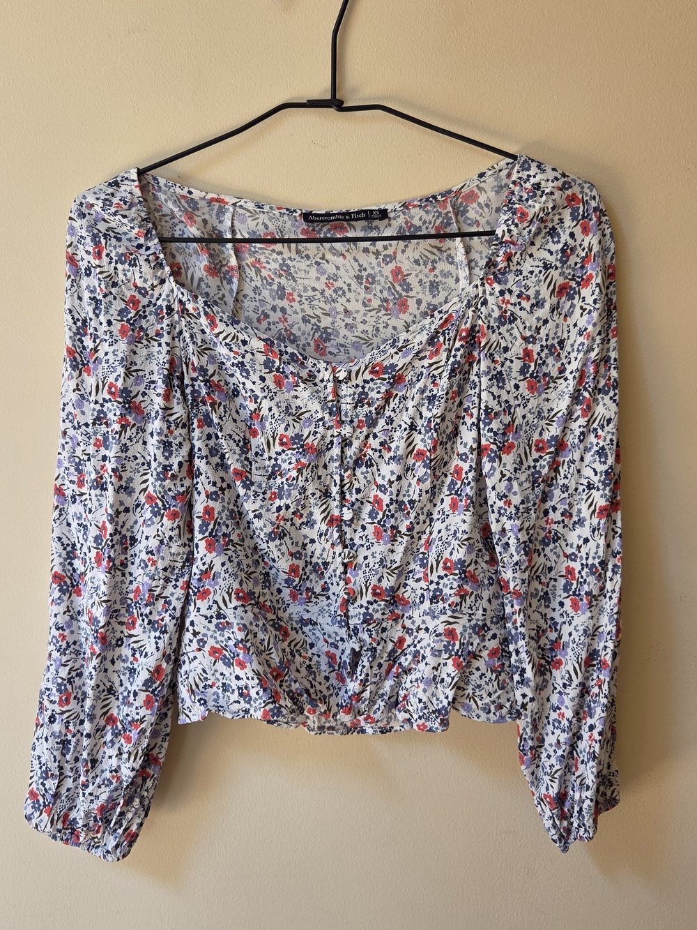 Abercrombie & Fitch White Floral Peasant Blouse- Red & Navy Print